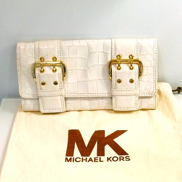 Authentic Michael Kors White Crocodile Gold Buckle Clutch - Picture 1 of 6